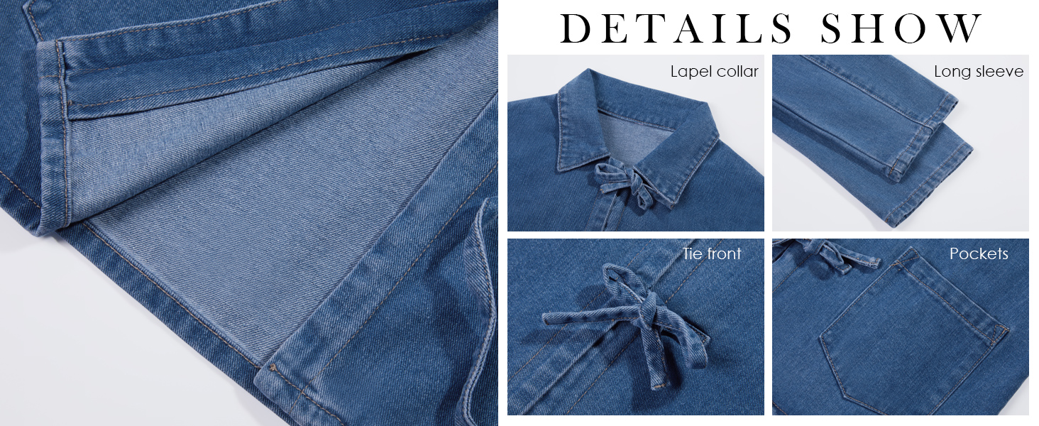 details of casual denim coat with tie up design